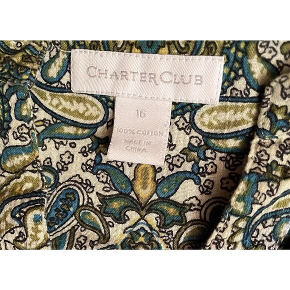 Woman's Blouse Size 16 Charter Club Green Tones Paisley V-Neck Mandarin Collar - Picture 4 of 13